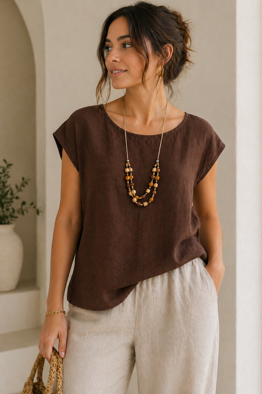 Καφέ Μπλούζα με Boho Κολιέ