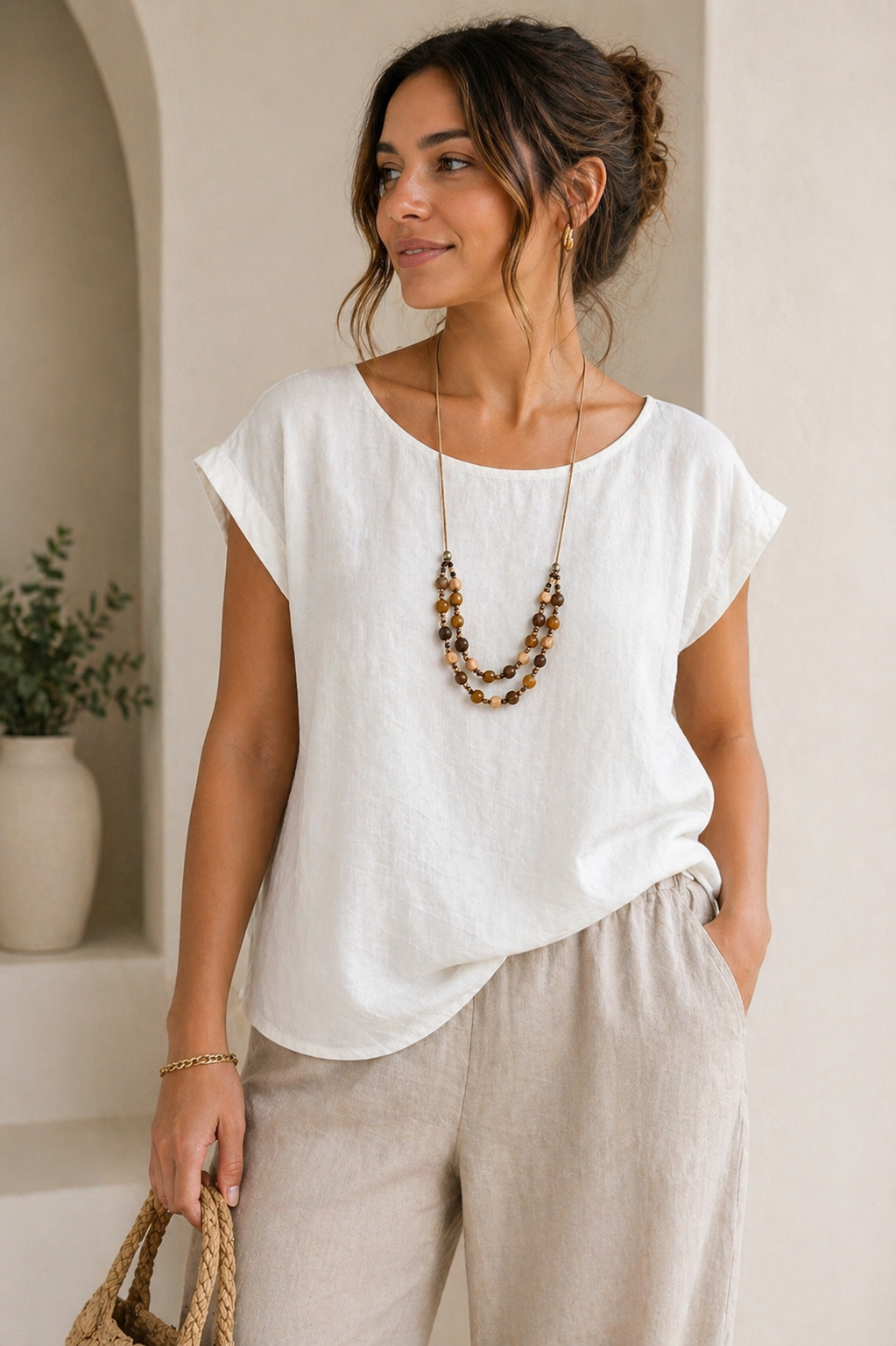 Λευκή Μπλούζα με Boho Κολιέ