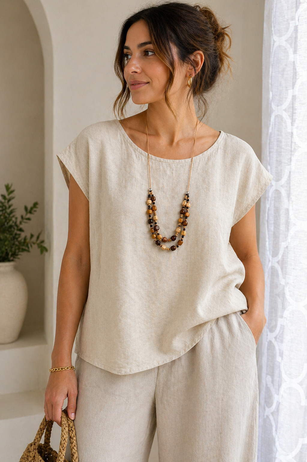 Μπεζ Μπλούζα με Boho Κολιέ